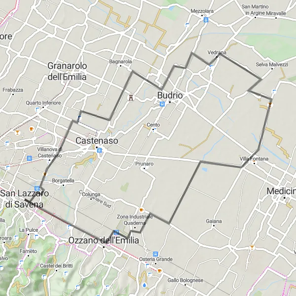 Karttaminiaatyyri "Villanova di Castenaso - San Lazzaro Jussi Road Loop" pyöräilyinspiraatiosta alueella Emilia-Romagna, Italy. Luotu Tarmacs.app pyöräilyreittisuunnittelijalla