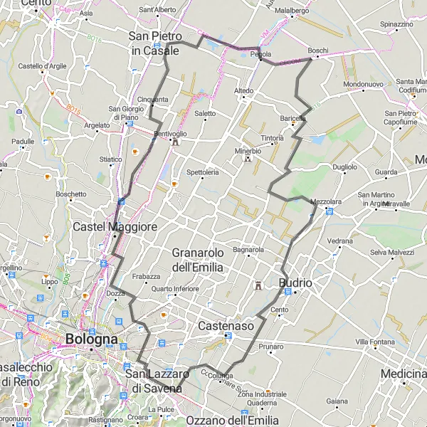 Mapa miniatúra "Road to Budrio and Borgatella" cyklistická inšpirácia v Emilia-Romagna, Italy. Vygenerované cyklistickým plánovačom trás Tarmacs.app