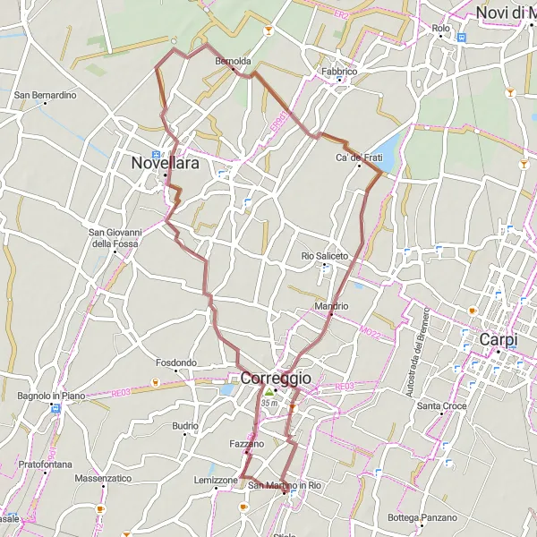 Miniature de la carte de l'inspiration cycliste "Les Routes de Correggio" dans la Emilia-Romagna, Italy. Générée par le planificateur d'itinéraire cycliste Tarmacs.app