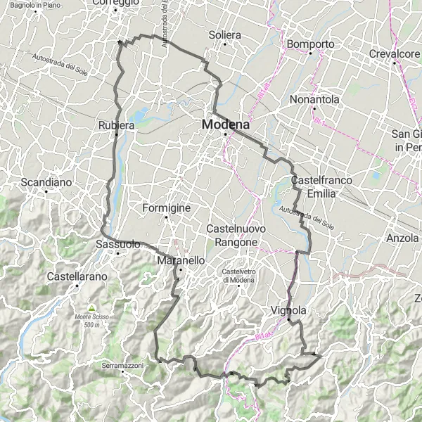 Kartminiatyr av "Sassuolo and Monte Calvario Circuit" sykkelinspirasjon i Emilia-Romagna, Italy. Generert av Tarmacs.app sykkelrutoplanlegger
