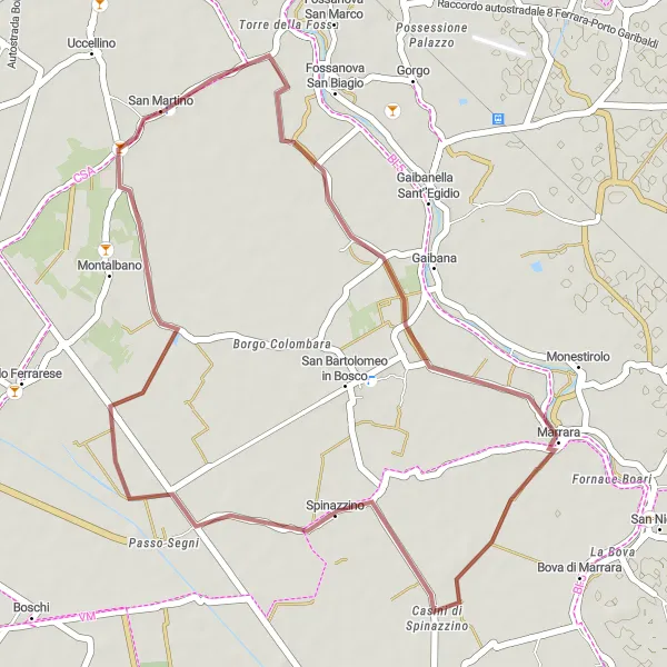 Mapa miniatúra "Gravelový okruh poblíž San Martino" cyklistická inšpirácia v Emilia-Romagna, Italy. Vygenerované cyklistickým plánovačom trás Tarmacs.app