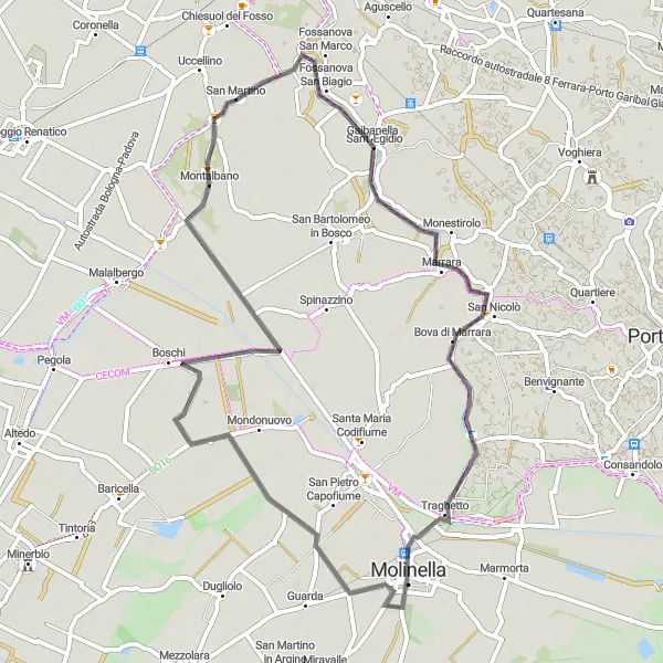 Karttaminiaatyyri "62 km pyöräilyreitti San Martinon lähialueilla" pyöräilyinspiraatiosta alueella Emilia-Romagna, Italy. Luotu Tarmacs.app pyöräilyreittisuunnittelijalla