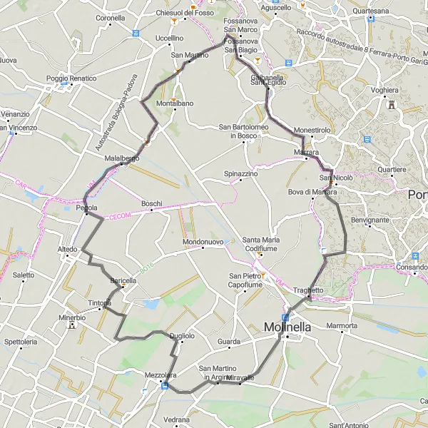 Mapa miniatúra "Cyklo trasa okolo San Martina - Torre della Fossa - Baricella" cyklistická inšpirácia v Emilia-Romagna, Italy. Vygenerované cyklistickým plánovačom trás Tarmacs.app