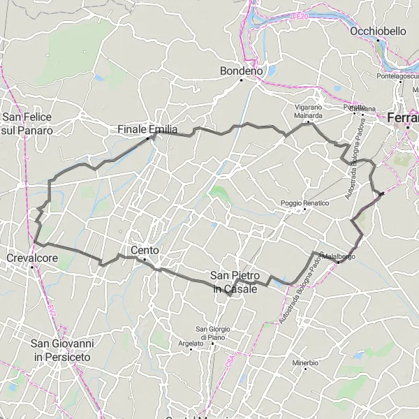 Zemljevid v pomanjšavi "San Martino - Pieve di Cento - Chiesuol del Fosso" kolesarske inspiracije v Emilia-Romagna, Italy. Generirano z načrtovalcem kolesarskih poti Tarmacs.app