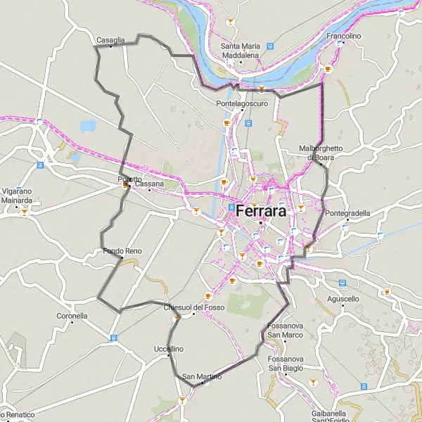 Zemljevid v pomanjšavi "San Martino - Casaglia - Torre della Fossa" kolesarske inspiracije v Emilia-Romagna, Italy. Generirano z načrtovalcem kolesarskih poti Tarmacs.app