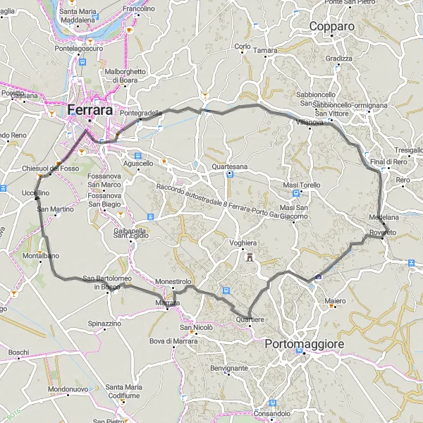 Zemljevid v pomanjšavi "Kolesarska pot med San Martino in Piazzo Trento e Trieste" kolesarske inspiracije v Emilia-Romagna, Italy. Generirano z načrtovalcem kolesarskih poti Tarmacs.app