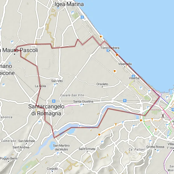 Miniaturní mapa "Gravelový okruh kolem Viserbella" inspirace pro cyklisty v oblasti Emilia-Romagna, Italy. Vytvořeno pomocí plánovače tras Tarmacs.app