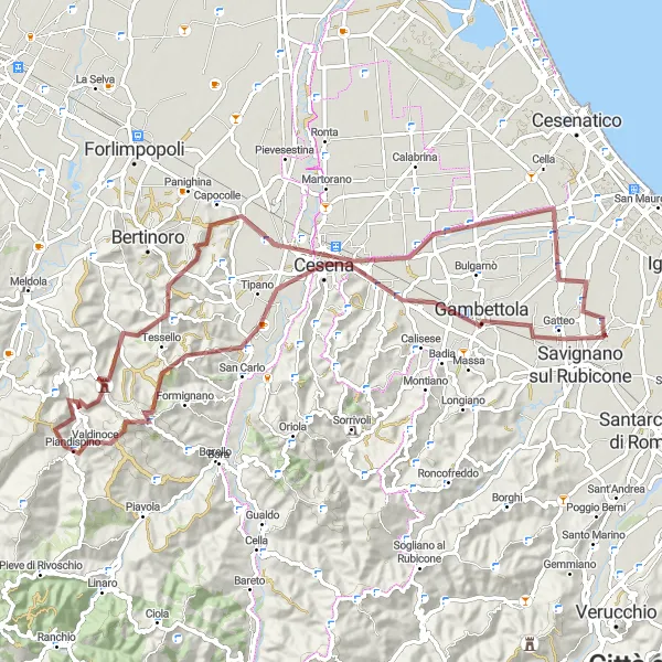 Miniature de la carte de l'inspiration cycliste "Aventure Gravel à travers les Collines" dans la Emilia-Romagna, Italy. Générée par le planificateur d'itinéraire cycliste Tarmacs.app