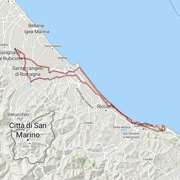 Zemljevid v pomanjšavi "Gravel avantura do Riminija" kolesarske inspiracije v Emilia-Romagna, Italy. Generirano z načrtovalcem kolesarskih poti Tarmacs.app
