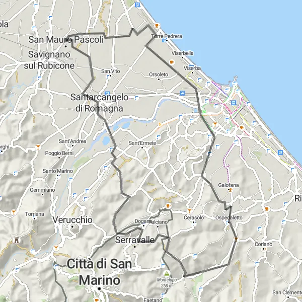 Miniatura della mappa di ispirazione al ciclismo "Strada panoramica verso Santarcangelo di Romagna" nella regione di Emilia-Romagna, Italy. Generata da Tarmacs.app, pianificatore di rotte ciclistiche