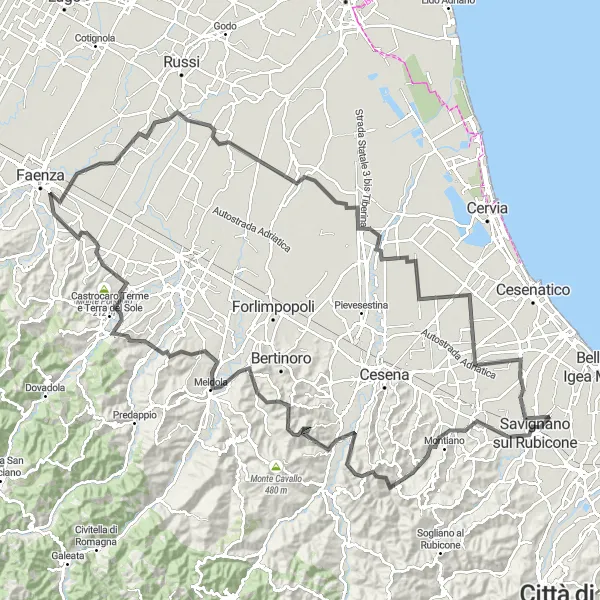 Map miniature of "The Rubicone Challenge" cycling inspiration in Emilia-Romagna, Italy. Generated by Tarmacs.app cycling route planner