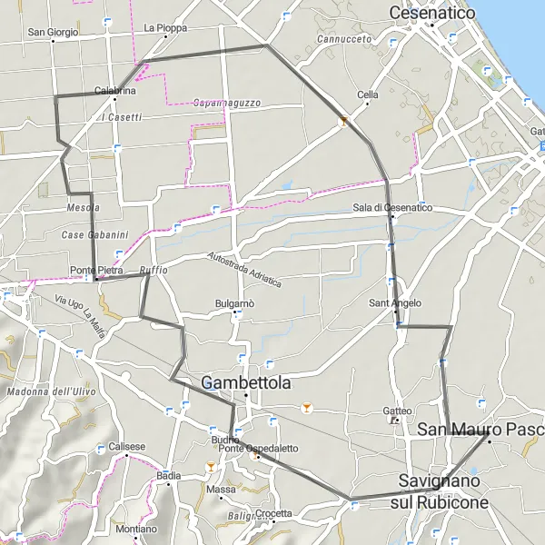 Zemljevid v pomanjšavi "Cestna Pot do Savignano sul Rubicone" kolesarske inspiracije v Emilia-Romagna, Italy. Generirano z načrtovalcem kolesarskih poti Tarmacs.app