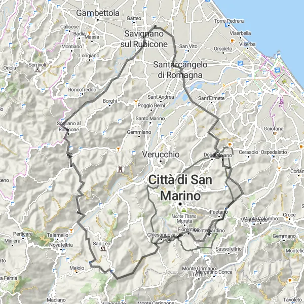 Miniatua del mapa de inspiración ciclista "Ruta desde Santarcangelo di Romagna a San Mauro Pascoli" en Emilia-Romagna, Italy. Generado por Tarmacs.app planificador de rutas ciclistas