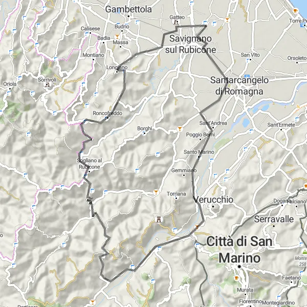 Kartminiatyr av "Kystveien og åsene" sykkelinspirasjon i Emilia-Romagna, Italy. Generert av Tarmacs.app sykkelrutoplanlegger