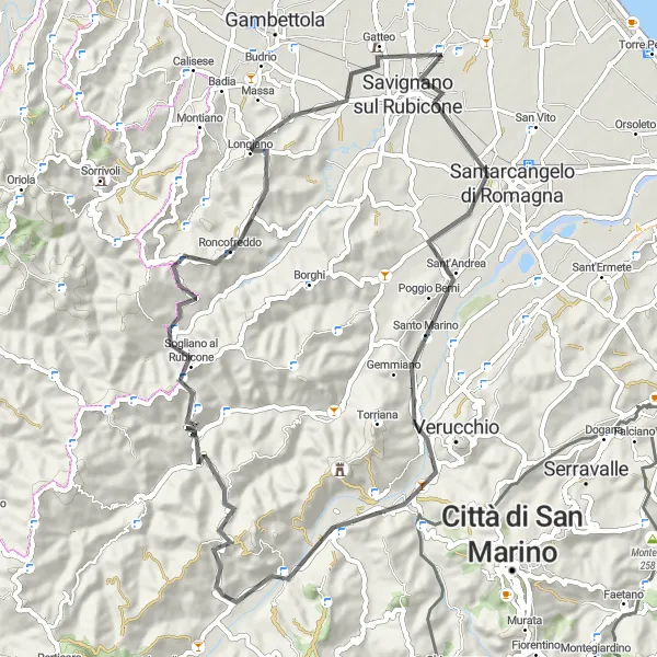 Karten-Miniaturansicht der Radinspiration "Herausfordernde Tour durch die Hügel von Emilia-Romagna" in Emilia-Romagna, Italy. Erstellt vom Tarmacs.app-Routenplaner für Radtouren