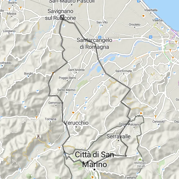 Mapa miniatúra "Pristupiteľná cestná cyklotrasa po pobreží" cyklistická inšpirácia v Emilia-Romagna, Italy. Vygenerované cyklistickým plánovačom trás Tarmacs.app