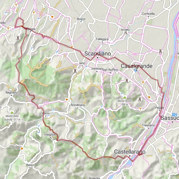 Zemljevid v pomanjšavi "Naravne lepote v okolici San Michele dei Mucchietti" kolesarske inspiracije v Emilia-Romagna, Italy. Generirano z načrtovalcem kolesarskih poti Tarmacs.app