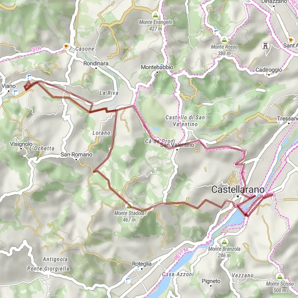 Miniatura della mappa di ispirazione al ciclismo "Scoperta off-road tra Monte Stadola e Castellarano" nella regione di Emilia-Romagna, Italy. Generata da Tarmacs.app, pianificatore di rotte ciclistiche