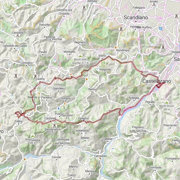 Miniaturní mapa "Monte Branzola Circuit" inspirace pro cyklisty v oblasti Emilia-Romagna, Italy. Vytvořeno pomocí plánovače tras Tarmacs.app