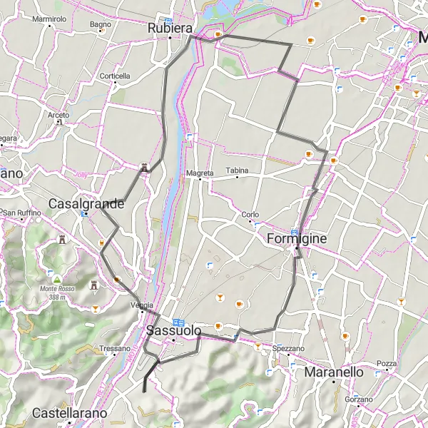 Zemljevid v pomanjšavi "Urbana kolesarska tura v bližini San Michele dei Mucchietti" kolesarske inspiracije v Emilia-Romagna, Italy. Generirano z načrtovalcem kolesarskih poti Tarmacs.app