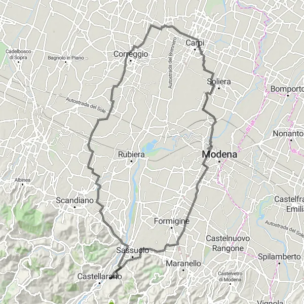 Miniaturní mapa "Okružní cyklistická trasa Emilia-Romagna" inspirace pro cyklisty v oblasti Emilia-Romagna, Italy. Vytvořeno pomocí plánovače tras Tarmacs.app