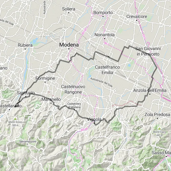 Zemljevid v pomanjšavi "Kolesarska pot okoli San Michele dei Mucchietti" kolesarske inspiracije v Emilia-Romagna, Italy. Generirano z načrtovalcem kolesarskih poti Tarmacs.app