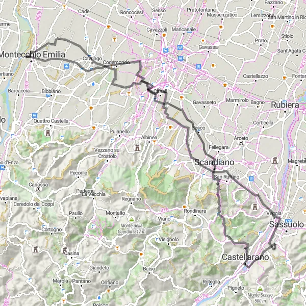 Miniatua del mapa de inspiración ciclista "Ruta panorámica en carretera" en Emilia-Romagna, Italy. Generado por Tarmacs.app planificador de rutas ciclistas