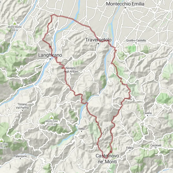 Miniatuurkaart van de fietsinspiratie "Gravel Route naar Traversetolo en Rossena" in Emilia-Romagna, Italy. Gemaakt door de Tarmacs.app fietsrouteplanner