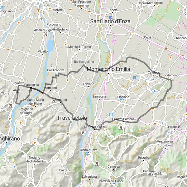 Miniatuurkaart van de fietsinspiratie "62km Fietsroute van San Michele Tiorre naar Torrente Parma" in Emilia-Romagna, Italy. Gemaakt door de Tarmacs.app fietsrouteplanner