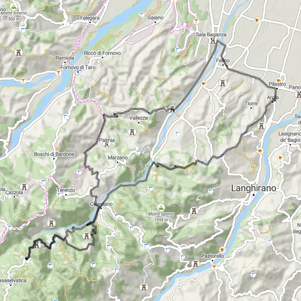 Karttaminiaatyyri "Kukkuloita ja linnoituksia" pyöräilyinspiraatiosta alueella Emilia-Romagna, Italy. Luotu Tarmacs.app pyöräilyreittisuunnittelijalla