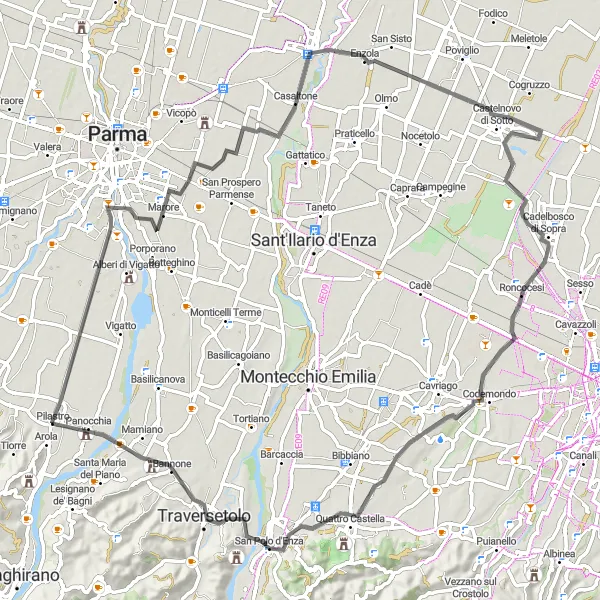 Miniature de la carte de l'inspiration cycliste "Marore-Roncocesi" dans la Emilia-Romagna, Italy. Générée par le planificateur d'itinéraire cycliste Tarmacs.app