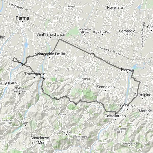 Miniatura della mappa di ispirazione al ciclismo "Giro in bicicletta da San Michele Tiorre attraversando Mamiano, Gaida e San Polo d'Enza" nella regione di Emilia-Romagna, Italy. Generata da Tarmacs.app, pianificatore di rotte ciclistiche