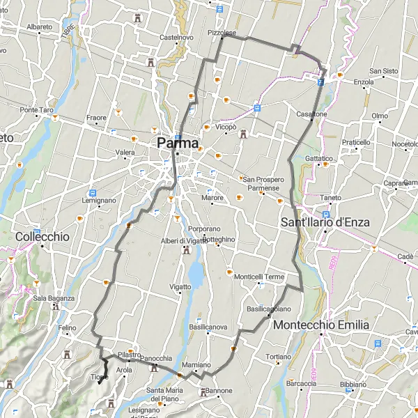 Mapa miniatúra "Okruhová cyklistická trasa cez Carignano" cyklistická inšpirácia v Emilia-Romagna, Italy. Vygenerované cyklistickým plánovačom trás Tarmacs.app