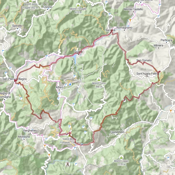 Zemljevid v pomanjšavi "Gorska kolesarska avantura Monte San Silvestro" kolesarske inspiracije v Emilia-Romagna, Italy. Generirano z načrtovalcem kolesarskih poti Tarmacs.app