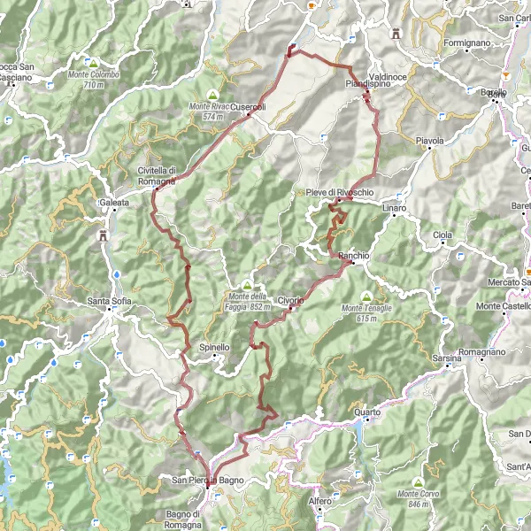 Map miniature of "Gravel Route from San Piero in Bagno to Passo del Carnaio" cycling inspiration in Emilia-Romagna, Italy. Generated by Tarmacs.app cycling route planner