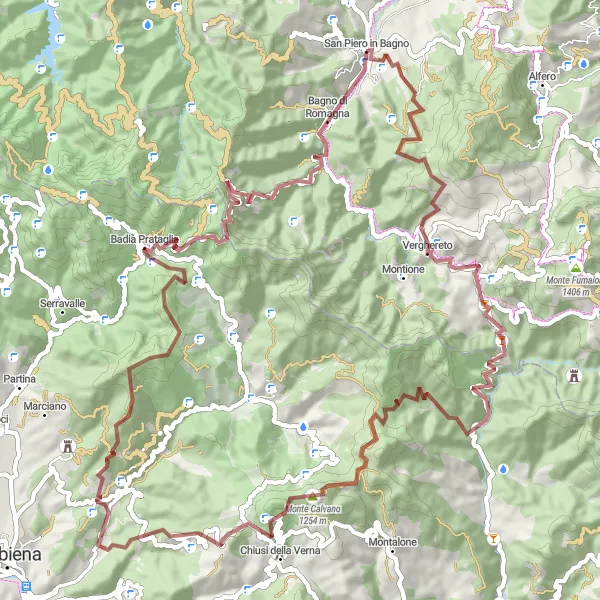Karttaminiaatyyri "Kiehtova kiertomatka Bagno lähellä" pyöräilyinspiraatiosta alueella Emilia-Romagna, Italy. Luotu Tarmacs.app pyöräilyreittisuunnittelijalla