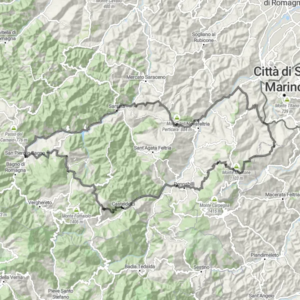 Miniatua del mapa de inspiración ciclista "Ruta por carretera a Monte Sorbo" en Emilia-Romagna, Italy. Generado por Tarmacs.app planificador de rutas ciclistas