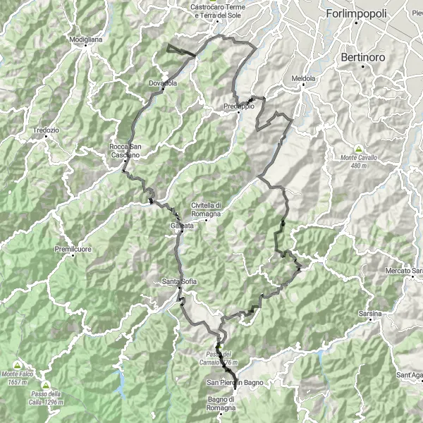 Zemljevid v pomanjšavi "San Piero in Bagno - Passo del Carnaio - Monte della Cella" kolesarske inspiracije v Emilia-Romagna, Italy. Generirano z načrtovalcem kolesarskih poti Tarmacs.app