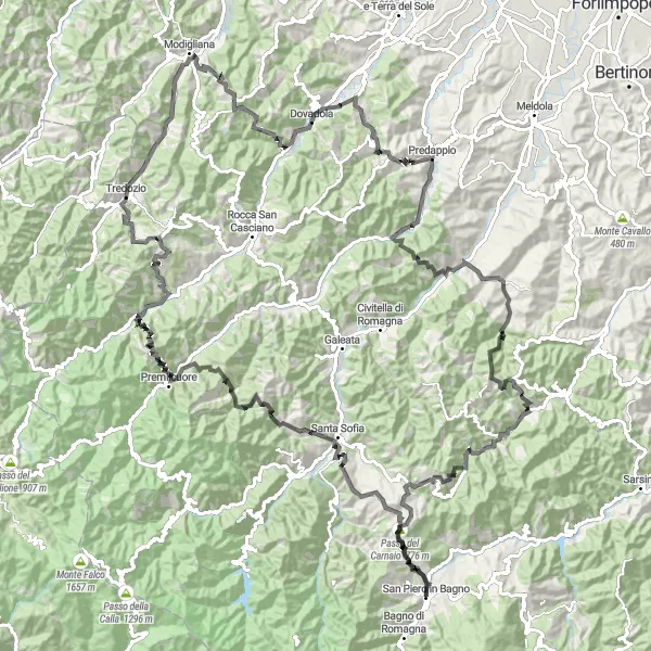 Kartminiatyr av "Landevei Rundtur til Monte San Marco og Monte della Cella" sykkelinspirasjon i Emilia-Romagna, Italy. Generert av Tarmacs.app sykkelrutoplanlegger