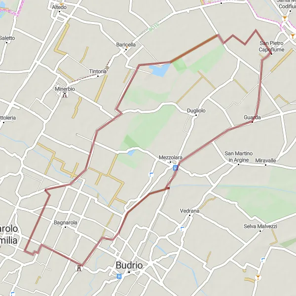 Miniatura della mappa di ispirazione al ciclismo "Avventurosa pedalata in mountain bike da San Pietro Capofiume a Mezzolara" nella regione di Emilia-Romagna, Italy. Generata da Tarmacs.app, pianificatore di rotte ciclistiche