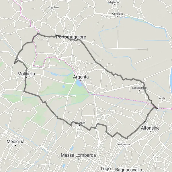 Miniatuurkaart van de fietsinspiratie "Rondrit langs Portorotta en Molinella" in Emilia-Romagna, Italy. Gemaakt door de Tarmacs.app fietsrouteplanner