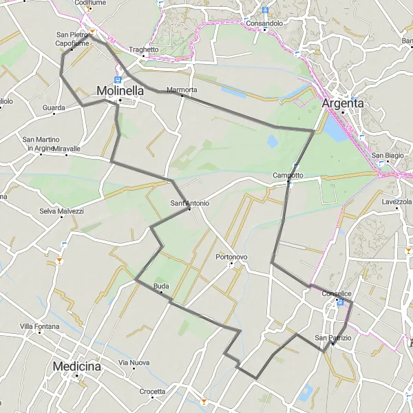 Map miniature of "Road Cycling Delight" cycling inspiration in Emilia-Romagna, Italy. Generated by Tarmacs.app cycling route planner