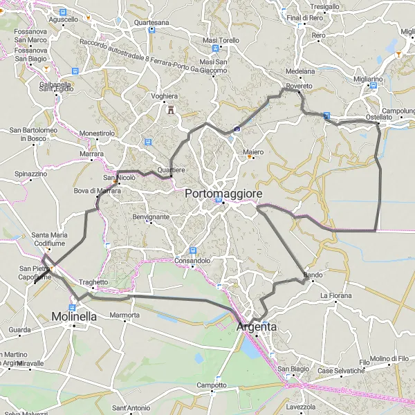 Karten-Miniaturansicht der Radinspiration "Rundweg nach Gambulaga und Ostellato" in Emilia-Romagna, Italy. Erstellt vom Tarmacs.app-Routenplaner für Radtouren