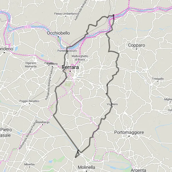 Miniatura della mappa di ispirazione al ciclismo "Rotta di Francolino" nella regione di Emilia-Romagna, Italy. Generata da Tarmacs.app, pianificatore di rotte ciclistiche