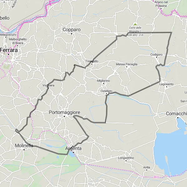 Miniatura mapy "Trasa przez Voghiera i Jolanda di Savoia" - trasy rowerowej w Emilia-Romagna, Italy. Wygenerowane przez planer tras rowerowych Tarmacs.app