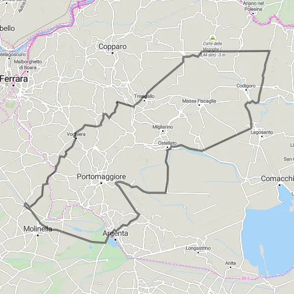 Miniatura della mappa di ispirazione al ciclismo "Itinerario ciclistico da San Pietro Capofiume a Voghiera" nella regione di Emilia-Romagna, Italy. Generata da Tarmacs.app, pianificatore di rotte ciclistiche