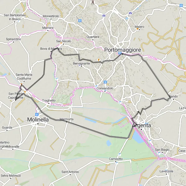 Kartminiatyr av "Vägcykling runt San Pietro Capofiume" cykelinspiration i Emilia-Romagna, Italy. Genererad av Tarmacs.app cykelruttplanerare