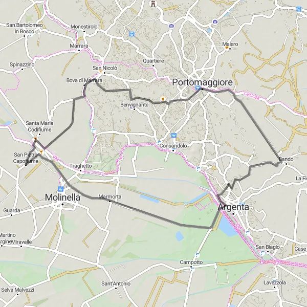 Map miniature of "Riverside Beauty" cycling inspiration in Emilia-Romagna, Italy. Generated by Tarmacs.app cycling route planner