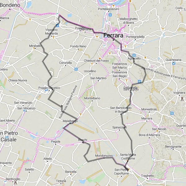 Mapa miniatúra "Cyklotrasa cez Malalbergo a Ferraru" cyklistická inšpirácia v Emilia-Romagna, Italy. Vygenerované cyklistickým plánovačom trás Tarmacs.app