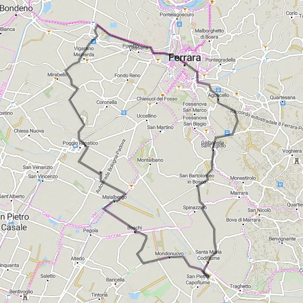 Karten-Miniaturansicht der Radinspiration "Entdecken von Malalbergo und Poggio Renatico mit dem Fahrrad" in Emilia-Romagna, Italy. Erstellt vom Tarmacs.app-Routenplaner für Radtouren